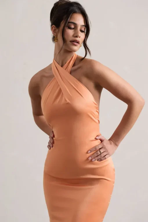 Unbeatable | Peach Satin Cross Over Halter-Neck Maxi Dress