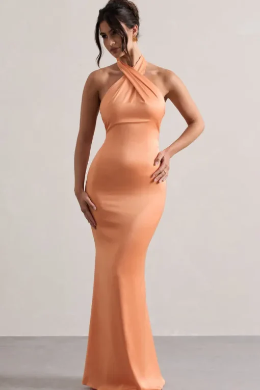 Unbeatable | Peach Satin Cross Over Halter-Neck Maxi Dress