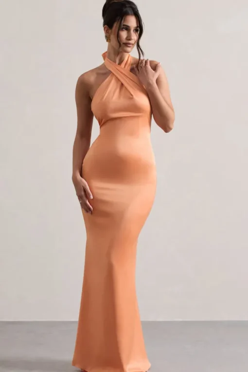 Unbeatable | Peach Satin Cross Over Halter-Neck Maxi Dress