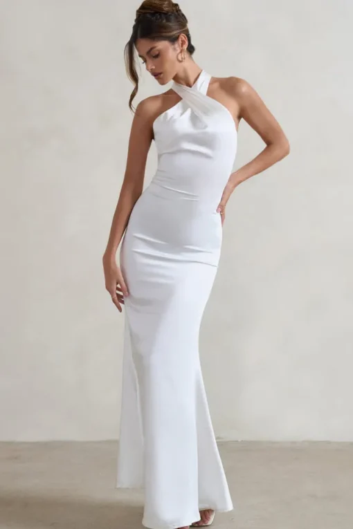 Unbeatable | White Satin Cross Over Halter-Neck Maxi Dress