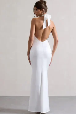 Unbeatable | White Satin Cross Over Halter-Neck Maxi Dress