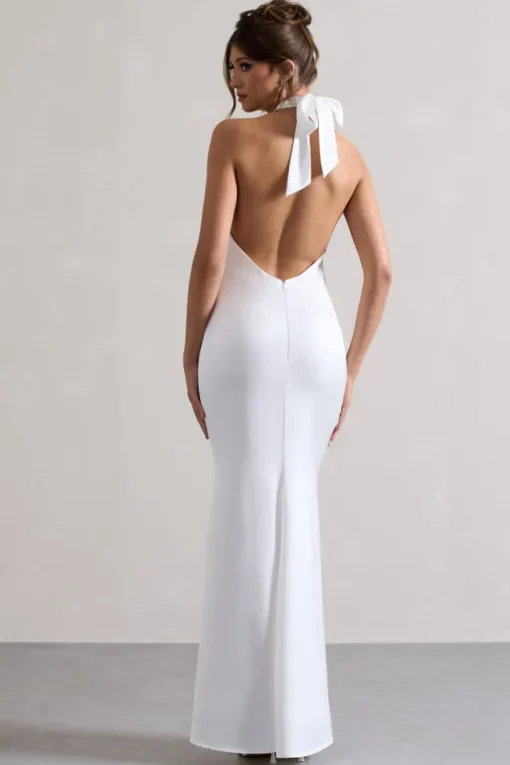 Unbeatable | White Satin Cross Over Halter-Neck Maxi Dress