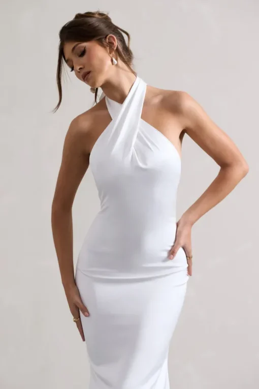 Unbeatable | White Satin Cross Over Halter-Neck Maxi Dress
