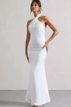 Unbeatable | White Satin Cross Over Halter-Neck Maxi Dress