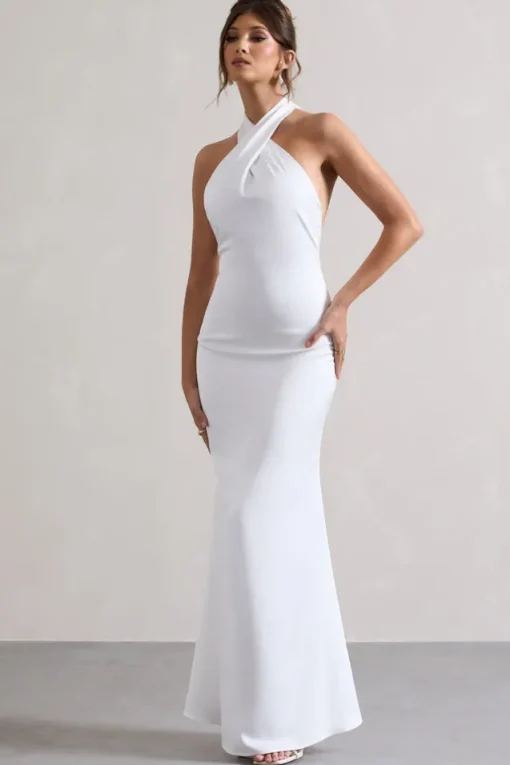 Unbeatable | White Satin Cross Over Halter-Neck Maxi Dress