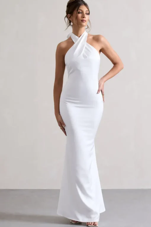 Unbeatable | White Satin Cross Over Halter-Neck Maxi Dress