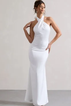 Unbeatable | White Satin Cross Over Halter-Neck Maxi Dress