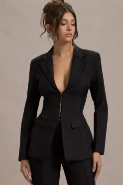 Unbeaten | Black Plunge Corset Waist Blazer
