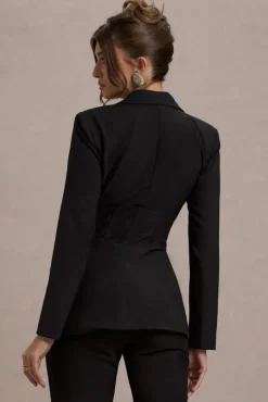 Unbeaten | Black Plunge Corset Waist Blazer