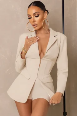 Unbeaten | Cream Plunge Corset Waist Blazer