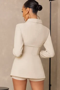 Unbeaten | Cream Plunge Corset Waist Blazer