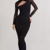 Under Wraps | Black Ruched Cut Out Long-Sleeve Midi Dress