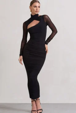 Under Wraps | Black Ruched Cut Out Long-Sleeve Midi Dress