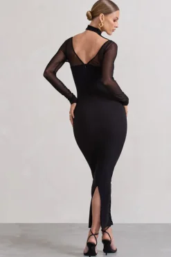 Under Wraps | Black Ruched Cut Out Long-Sleeve Midi Dress