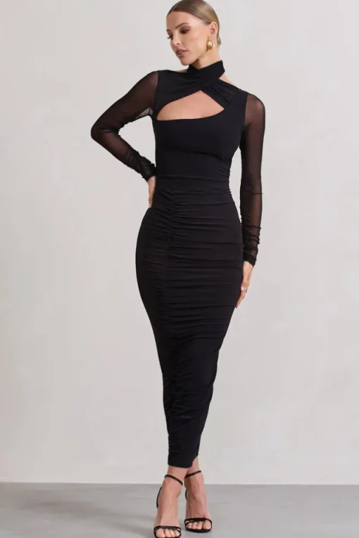 Under Wraps | Black Ruched Cut Out Long-Sleeve Midi Dress