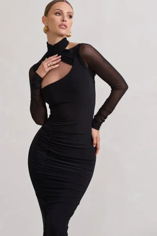 Under Wraps | Black Ruched Cut Out Long-Sleeve Midi Dress