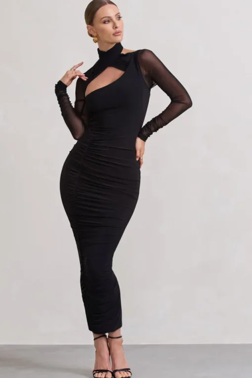 Under Wraps | Black Ruched Cut Out Long-Sleeve Midi Dress