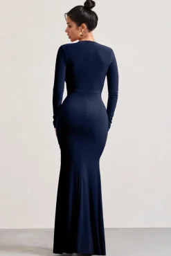 Unforgotten | Navy Wrap Front Maxi Dress With Side Split