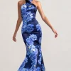 Unstoppable | Blue Floral Print Satin Cross Over Halter Neck Maxi Dress