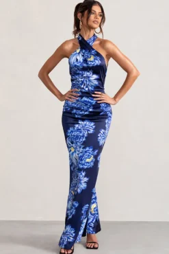 Unstoppable | Blue Floral Print Satin Cross Over Halter Neck Maxi Dress