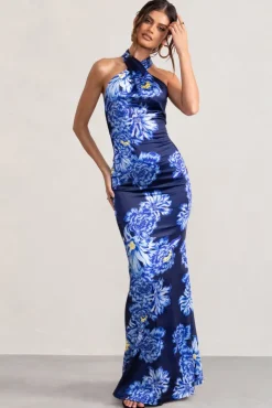 Unstoppable | Blue Floral Print Satin Cross Over Halter Neck Maxi Dress