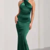 Unstoppable | Bottle Green Satin Cross Over Halterneck Maxi Dress
