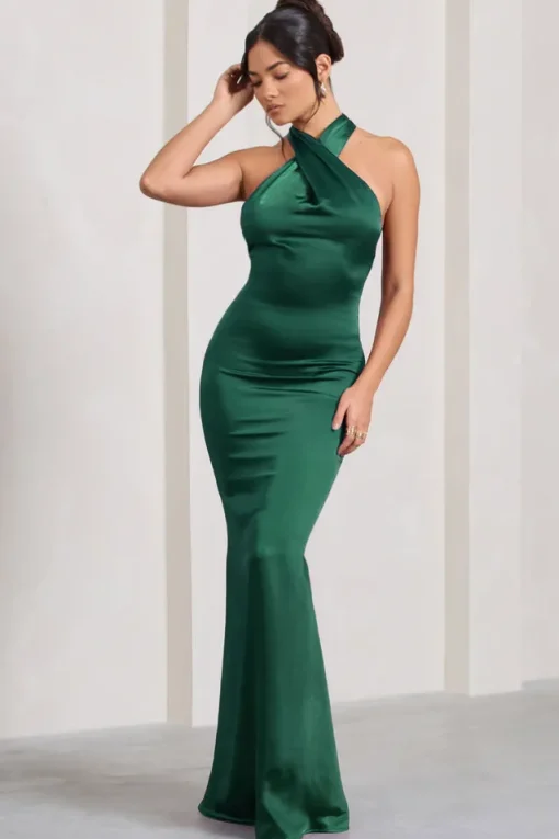 Unstoppable | Bottle Green Satin Cross Over Halterneck Maxi Dress