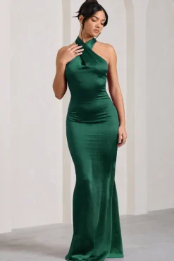 Unstoppable | Bottle Green Satin Cross Over Halterneck Maxi Dress
