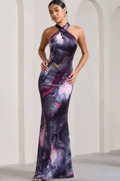 Unstoppable | Marble Print Satin Cross Over Halterneck Maxi Dress
