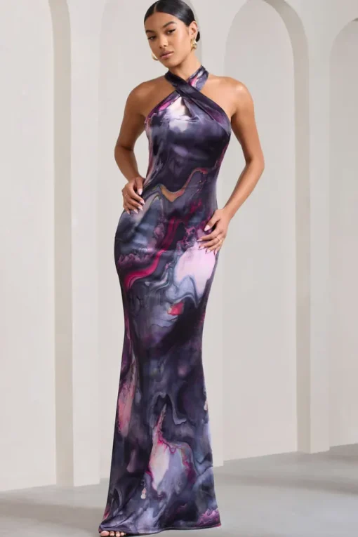Unstoppable | Marble Print Satin Cross Over Halterneck Maxi Dress