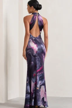 Unstoppable | Marble Print Satin Cross Over Halterneck Maxi Dress