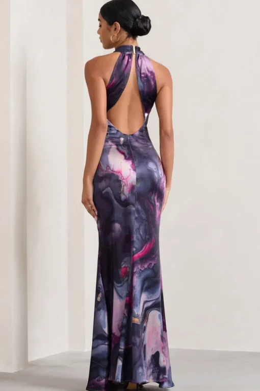 Unstoppable | Marble Print Satin Cross Over Halterneck Maxi Dress
