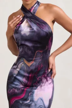 Unstoppable | Marble Print Satin Cross Over Halterneck Maxi Dress