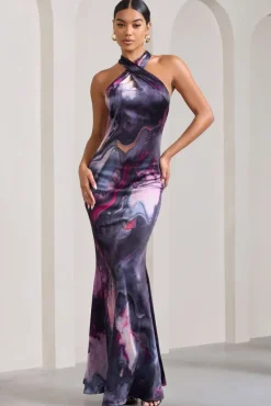 Unstoppable | Marble Print Satin Cross Over Halterneck Maxi Dress