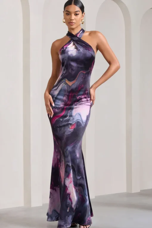 Unstoppable | Marble Print Satin Cross Over Halterneck Maxi Dress