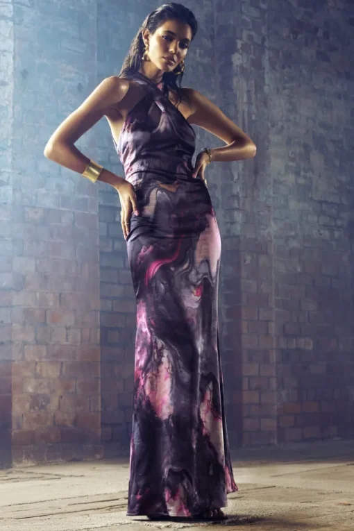 Unstoppable | Marble Print Satin Cross Over Halterneck Maxi Dress