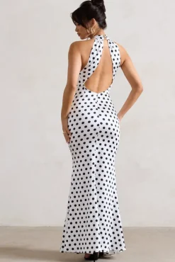 Unstoppable | White Polka Dot Satin Cross Over Halter Neck Maxi Dress
