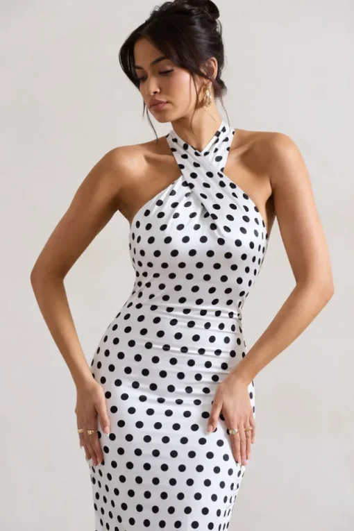 Unstoppable | White Polka Dot Satin Cross Over Halter Neck Maxi Dress