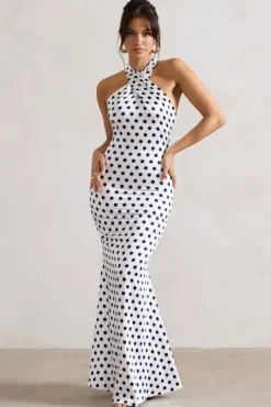 Unstoppable | White Polka Dot Satin Cross Over Halter Neck Maxi Dress