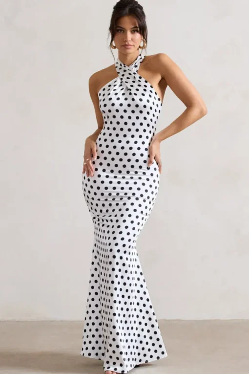 Unstoppable | White Polka Dot Satin Cross Over Halter Neck Maxi Dress