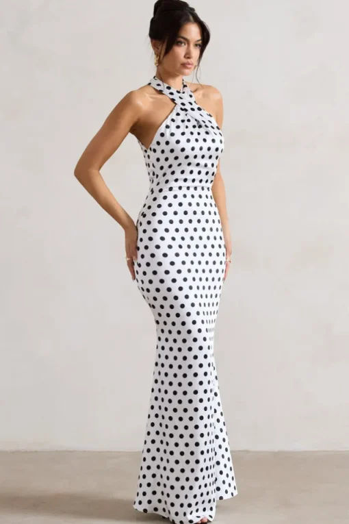 Unstoppable | White Polka Dot Satin Cross Over Halter Neck Maxi Dress