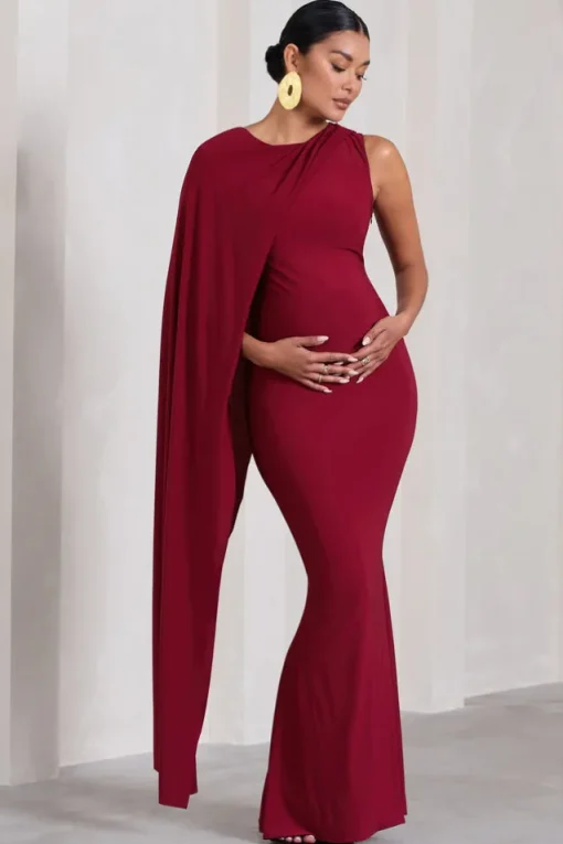Unveil | Berry One-Sleeve Cape Maternity Maxi Dress