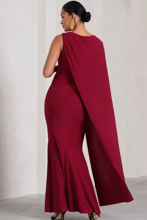 Unveil | Berry One-Sleeve Cape Maternity Maxi Dress