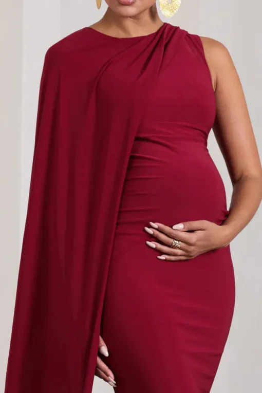 Unveil | Berry One-Sleeve Cape Maternity Maxi Dress