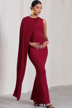 Unveil | Berry One-Sleeve Cape Maternity Maxi Dress