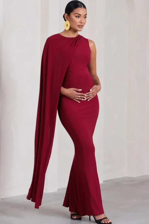 Unveil | Berry One-Sleeve Cape Maternity Maxi Dress