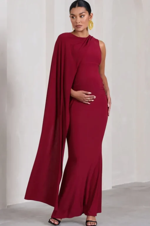 Unveil | Berry One-Sleeve Cape Maternity Maxi Dress