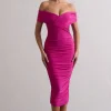 Unwrapped | Dark Pink Ruched Twist Bardot Midi Dress