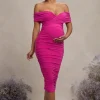 Unwrapped | Dark Pink Ruched Twist Bardot Maternity Midi Dress