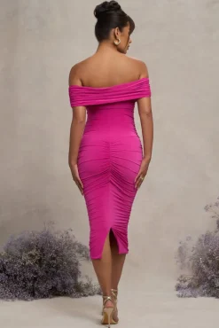 Unwrapped | Dark Pink Ruched Twist Bardot Maternity Midi Dress